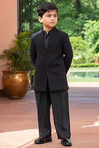 Black Chikankari Indowestern Set For Boys by Bohame Kids