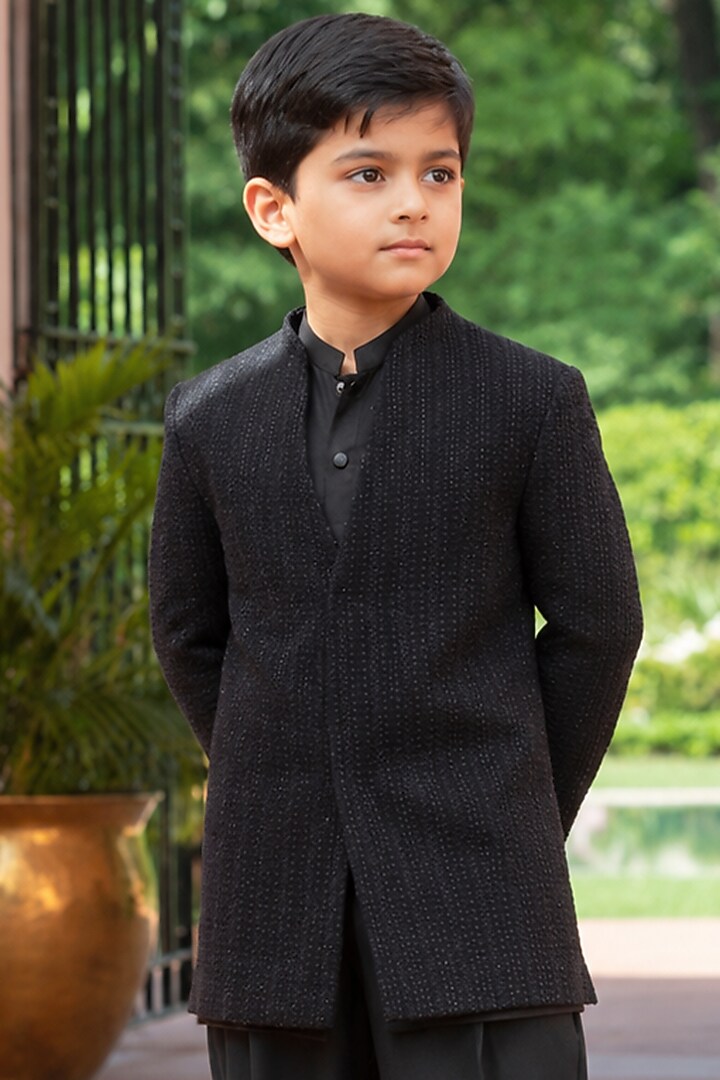 Black Chikankari Indowestern Set For Boys by Bohame Kids at Pernia's Pop Up Shop