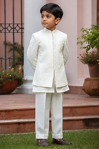 Milky White Chikankari Embroidered Indowestern Set For Boys by Bohame Kids