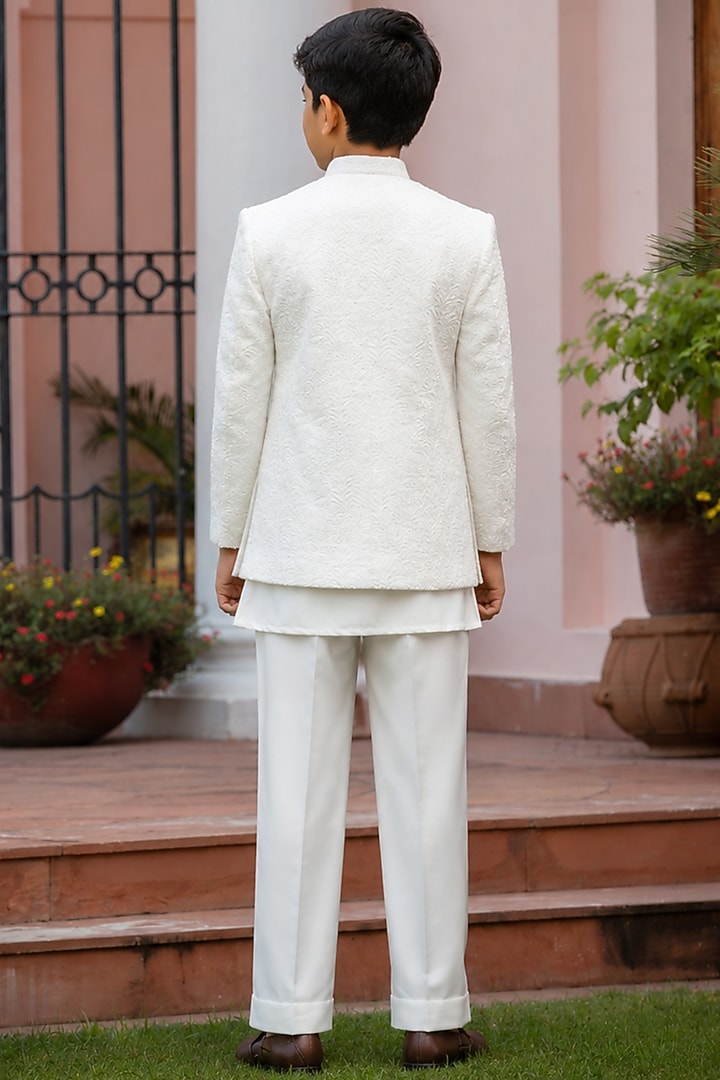 Milky White Chikankari Embroidered Indowestern Set For Boys by Bohame Kids at Pernia's Pop Up Shop