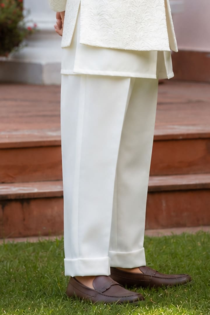 Milky White Chikankari Embroidered Indowestern Set For Boys by Bohame Kids at Pernia's Pop Up Shop