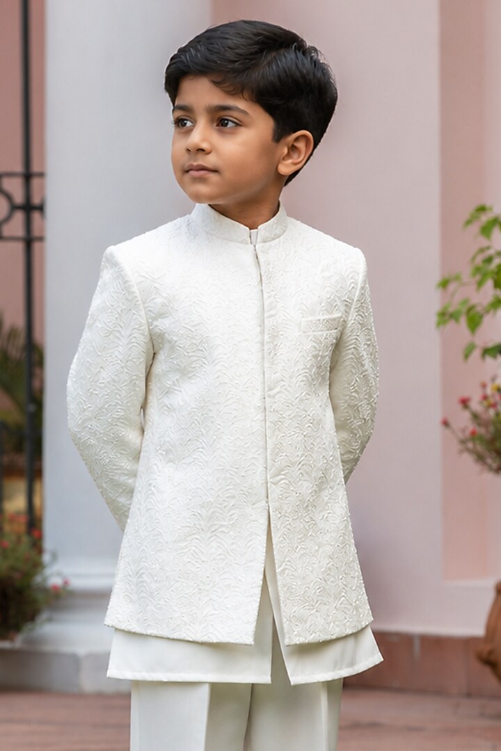 Milky White Chikankari Embroidered Indowestern Set For Boys by Bohame Kids at Pernia's Pop Up Shop