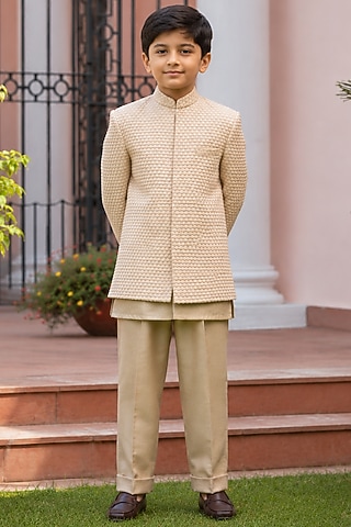 Beige Gold Chikankari Indowestern Set For Boys by Bohame Kids