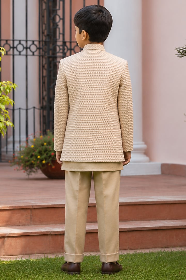 Beige Gold Chikankari Indowestern Set For Boys by Bohame Kids at Pernia's Pop Up Shop