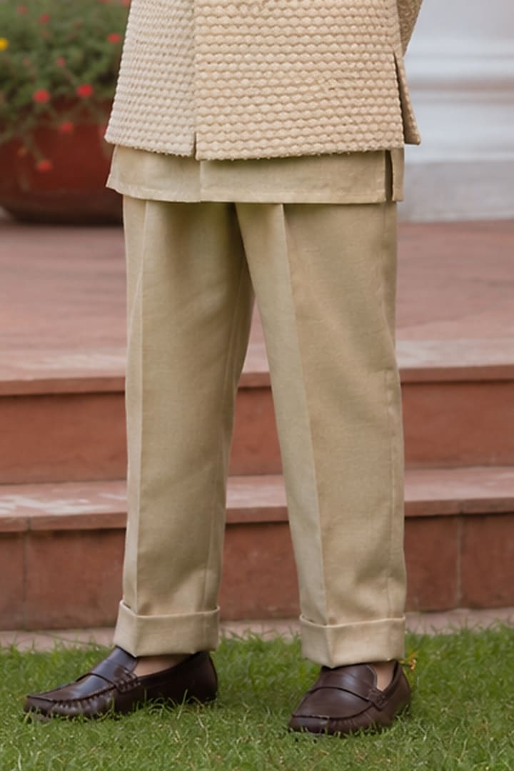Beige Gold Chikankari Indowestern Set For Boys by Bohame Kids at Pernia's Pop Up Shop