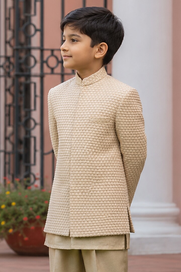 Beige Gold Chikankari Indowestern Set For Boys by Bohame Kids at Pernia's Pop Up Shop