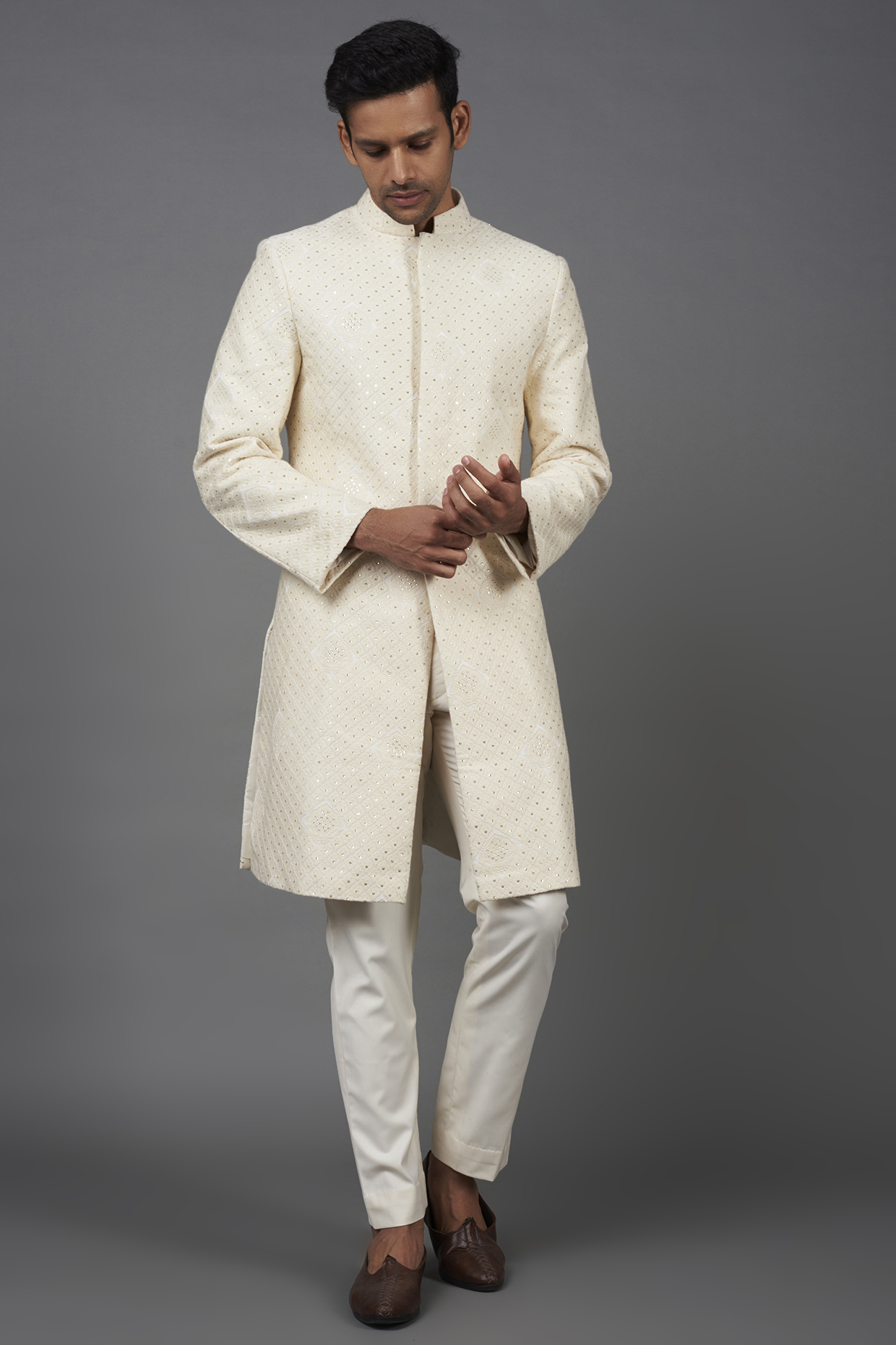 Cream Off-White Georgette Chikankari Achkan Jacket Set by Bohame Men