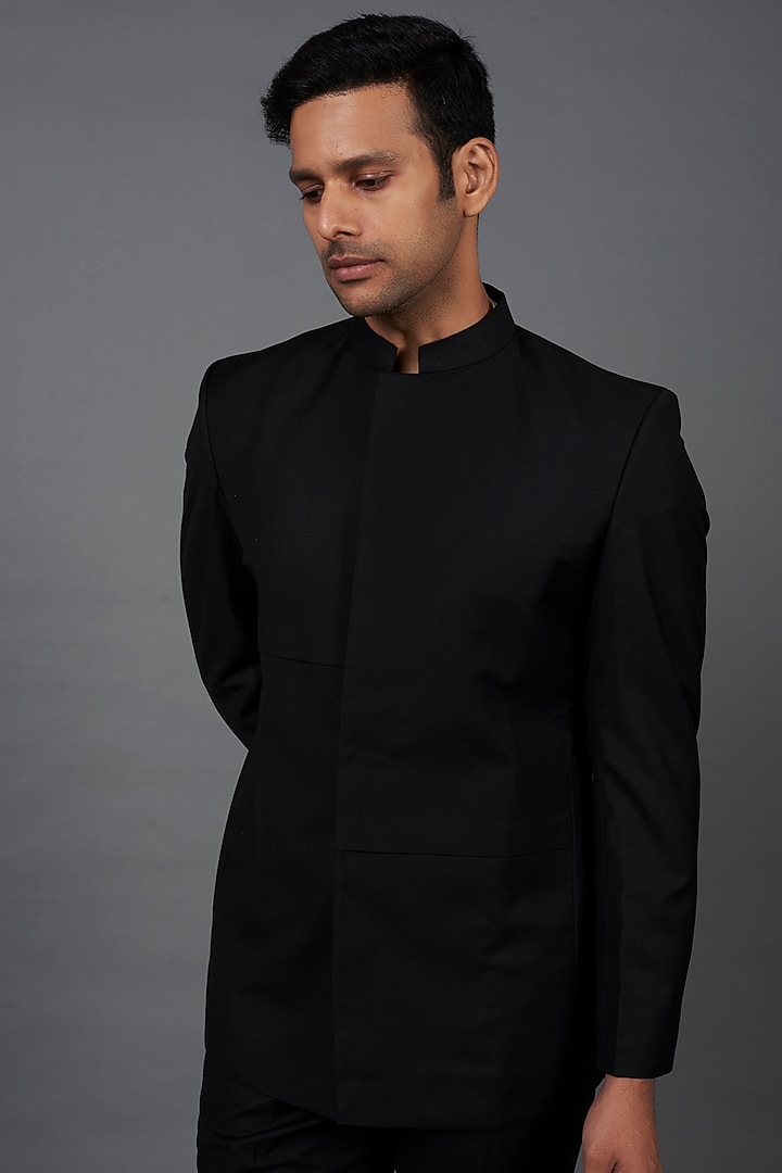 Black Terrywool Suiting Wedding Bandhgala Set by Bohame Men at Pernia's Pop Up Shop
