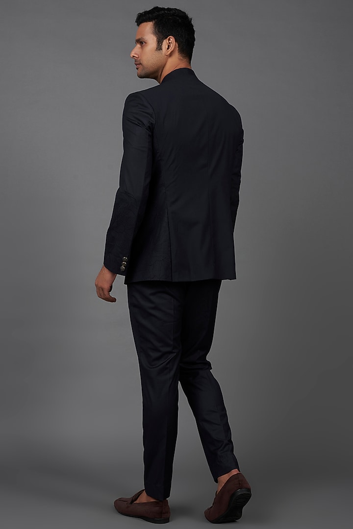 Midnight Blue Terrywool Suiting Wedding Bandhgala Set by Bohame Men at Pernia's Pop Up Shop
