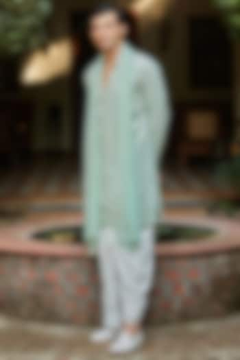 Mint Green Georgette Kurta Set by Bohame Men