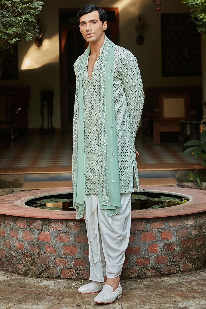 Mint Green Georgette Kurta Set by Bohame Men