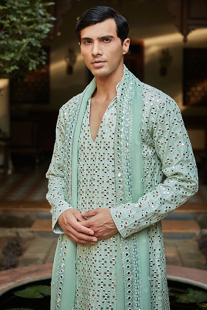 Mint Green Georgette Kurta Set by Bohame Men at Pernia's Pop Up Shop