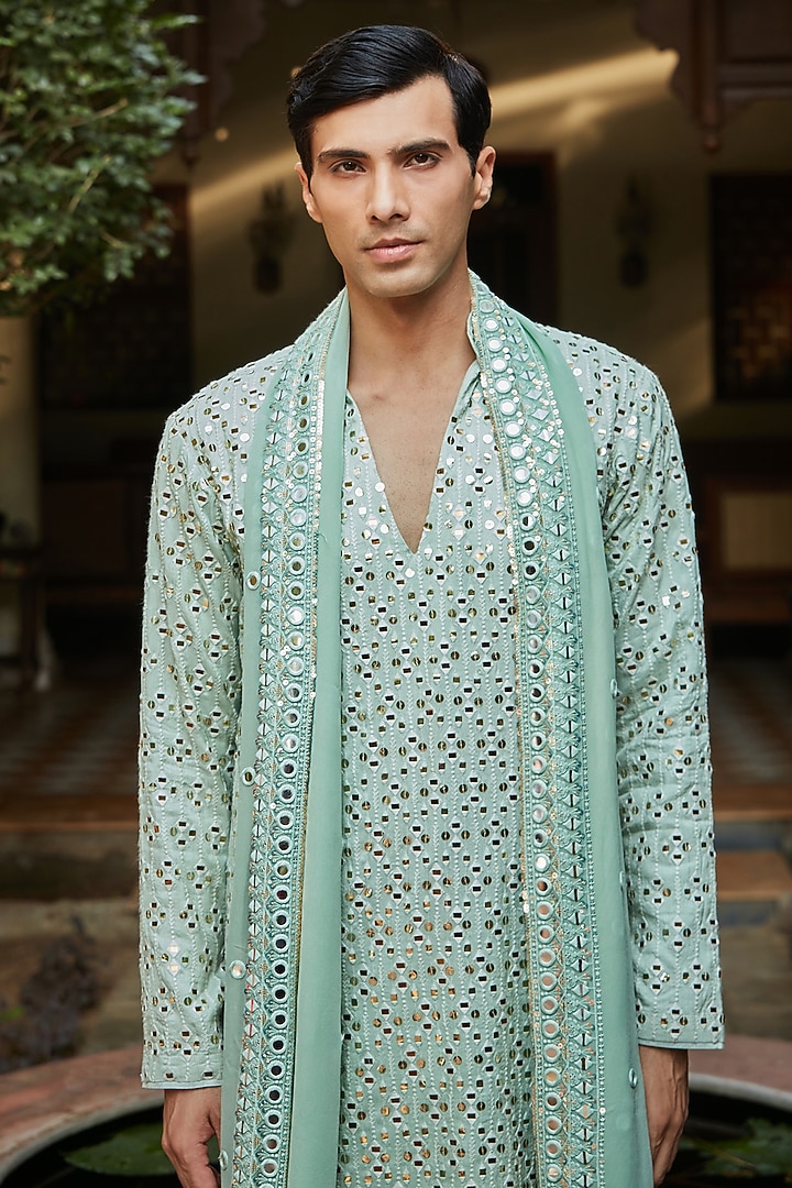 Mint Green Georgette Kurta Set by Bohame Men at Pernia's Pop Up Shop