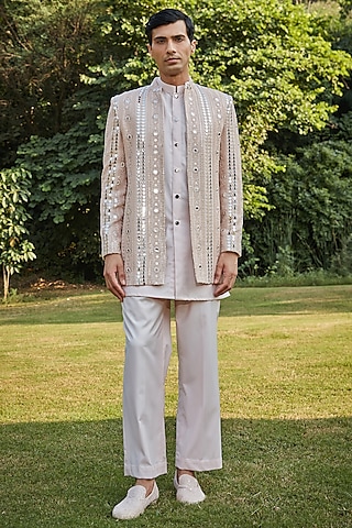 Peach Georgette Indo-Western Set by Bohame Men