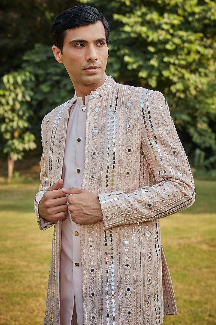 Peach Georgette Indo-Western Set by Bohame Men at Pernia's Pop Up Shop