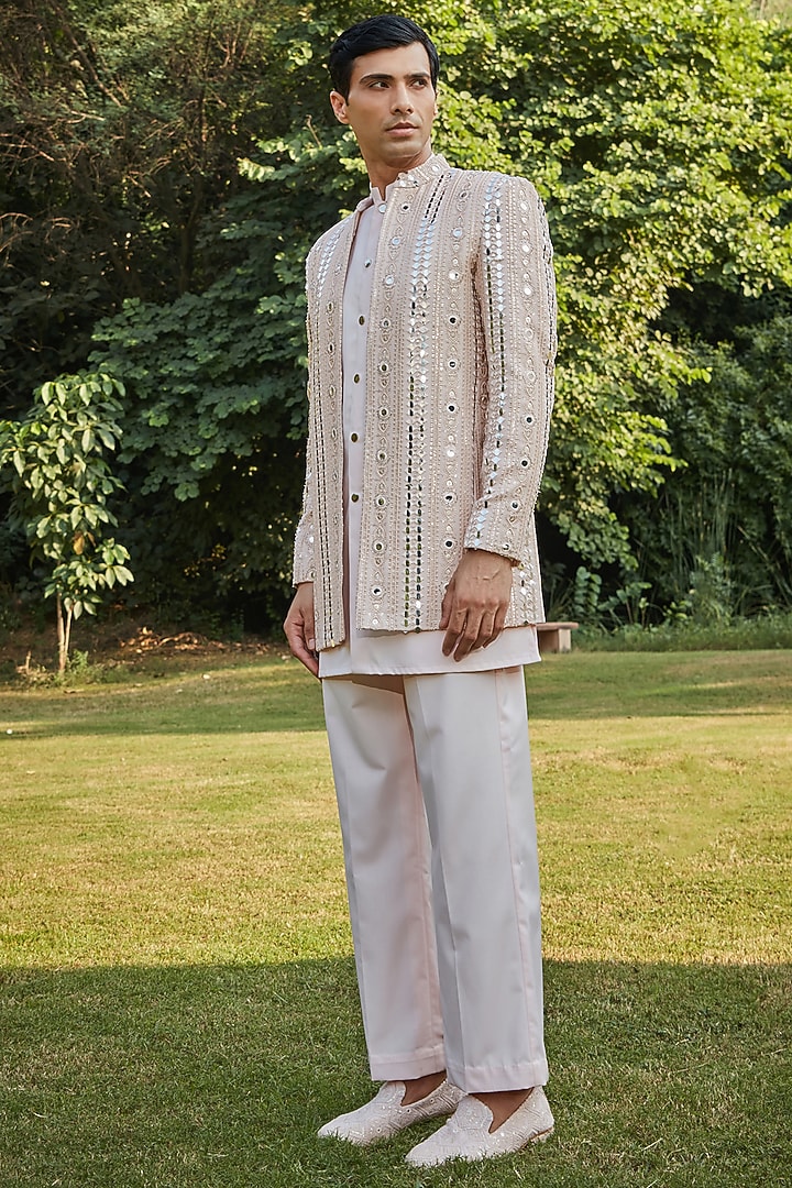 Peach Georgette Indo-Western Set by Bohame Men at Pernia's Pop Up Shop