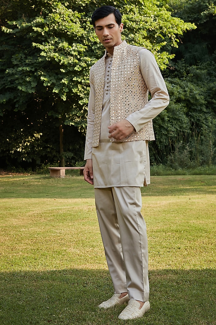 Dusty Beige Georgette Nehru Jacket Set by Bohame Men