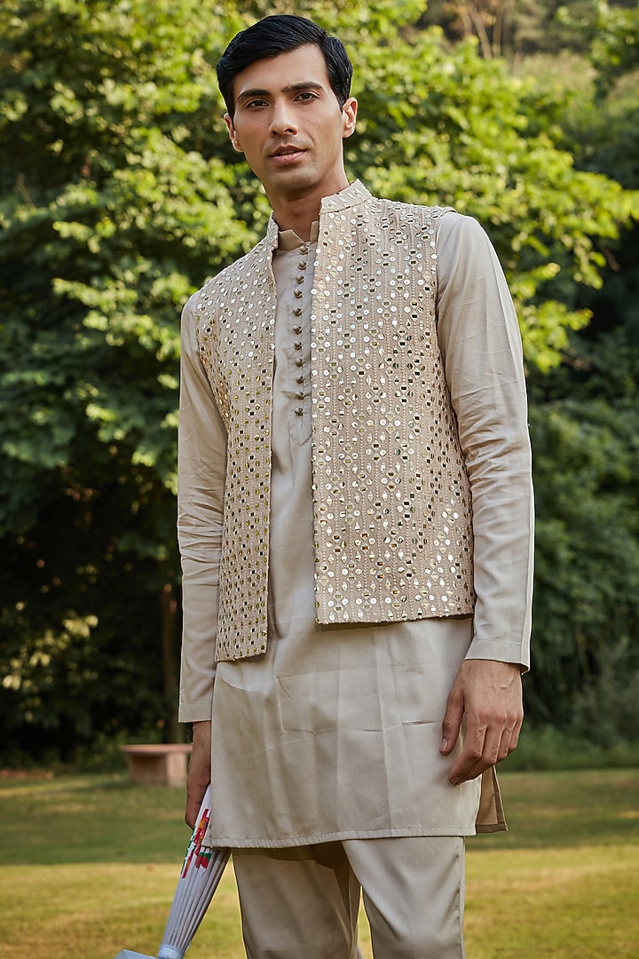 Dusty Beige Georgette Nehru Jacket Set by Bohame Men at Pernia's Pop Up Shop