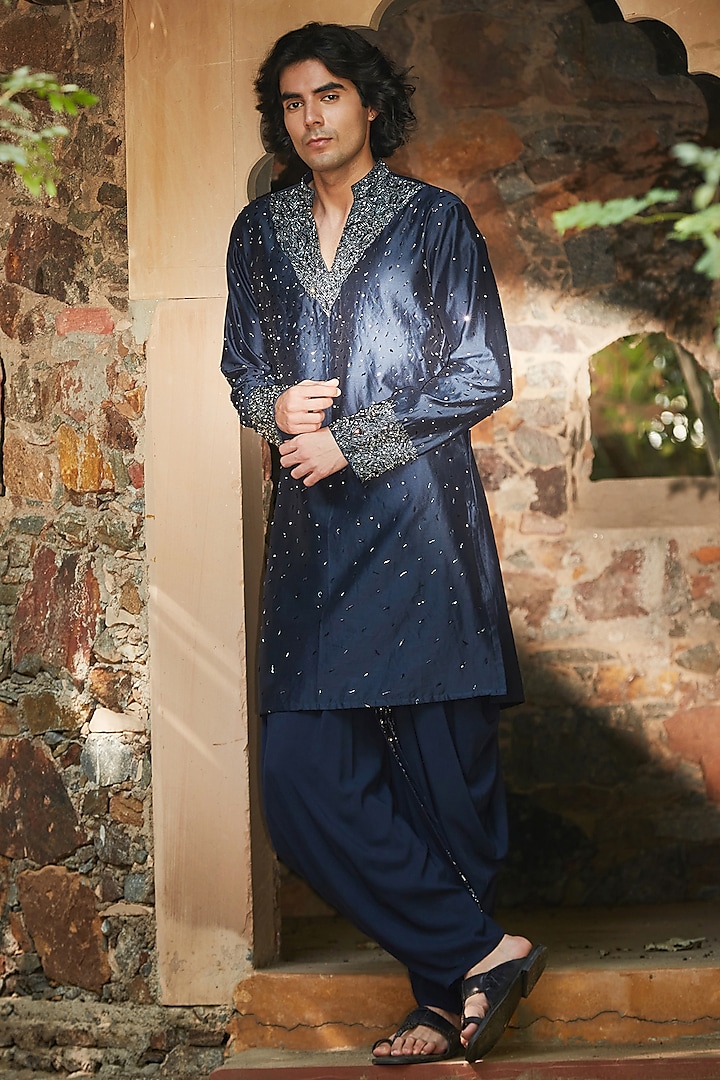 Navy Blue Chanderi Kurta Set by Bohame Men