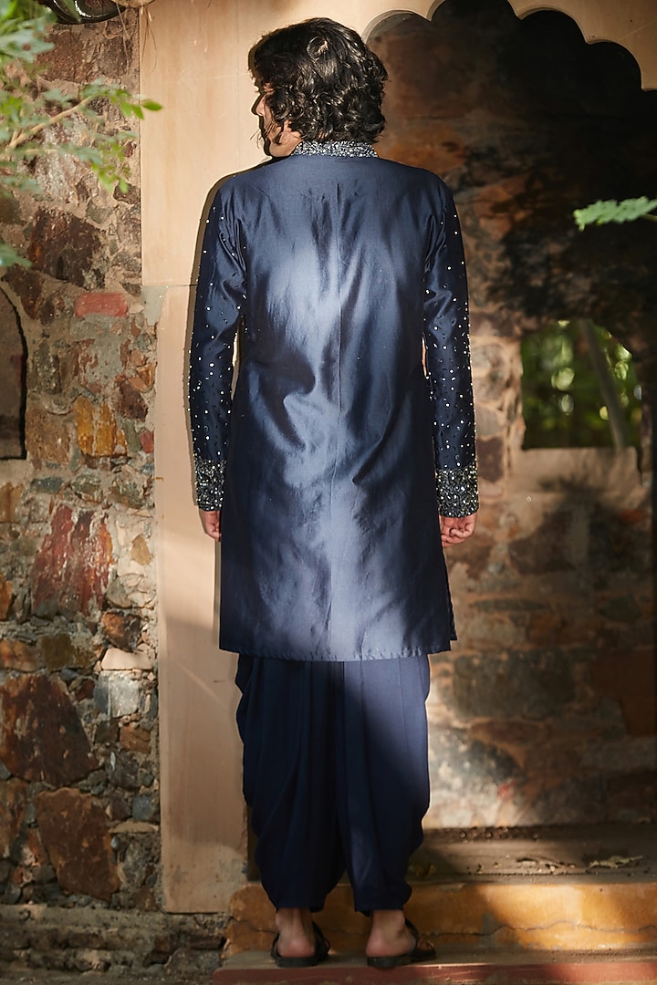 Navy Blue Chanderi Kurta Set by Bohame Men at Pernia's Pop Up Shop