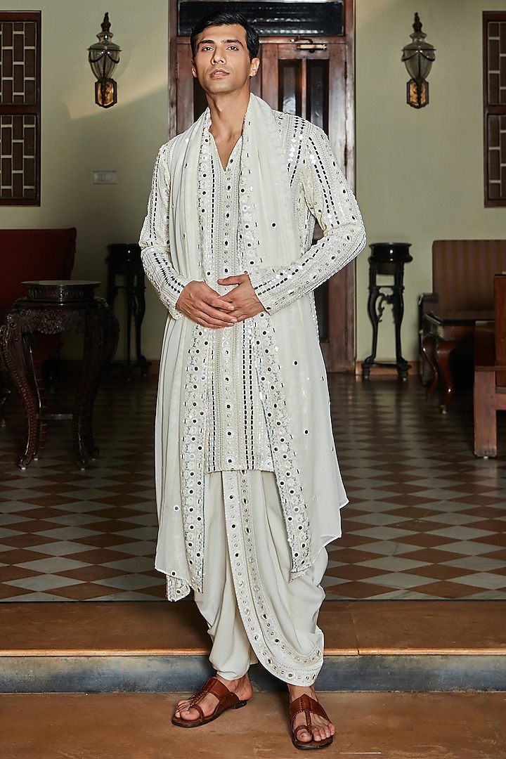 Milky White Georgette Kurta Set by Bohame Men