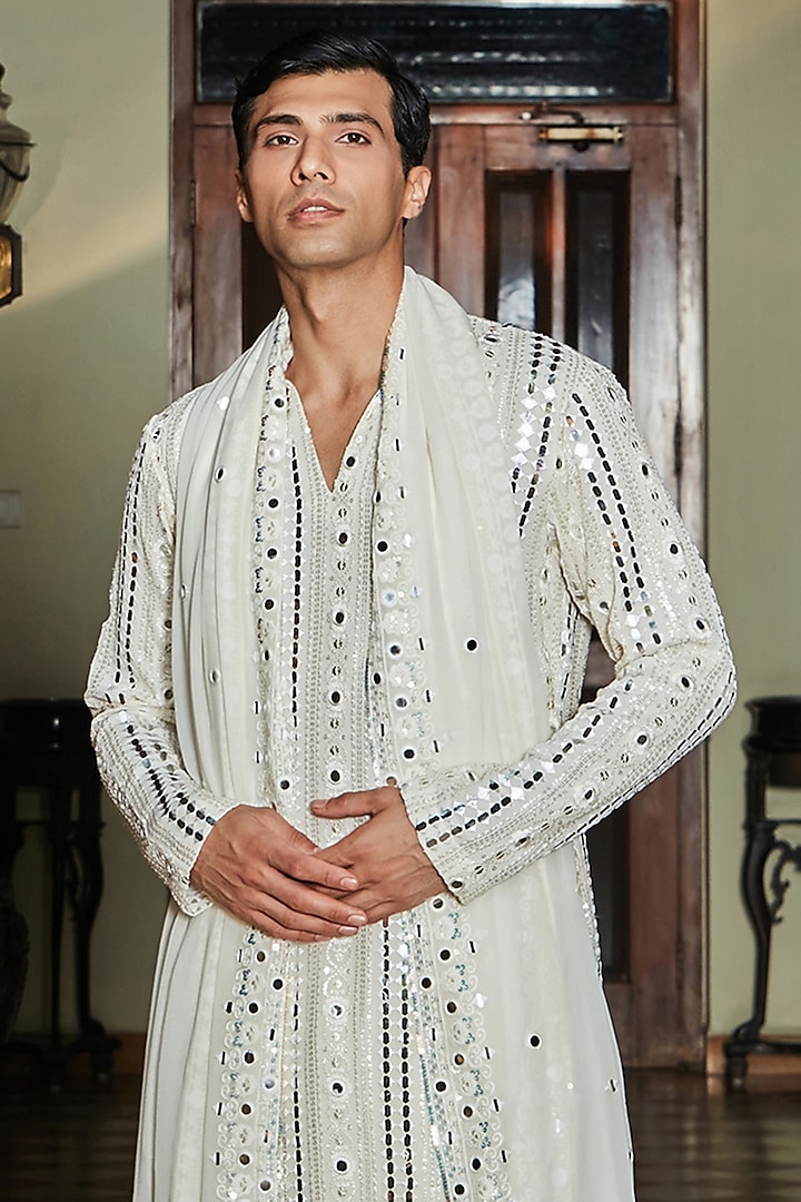 Milky White Georgette Kurta Set by Bohame Men at Pernia's Pop Up Shop