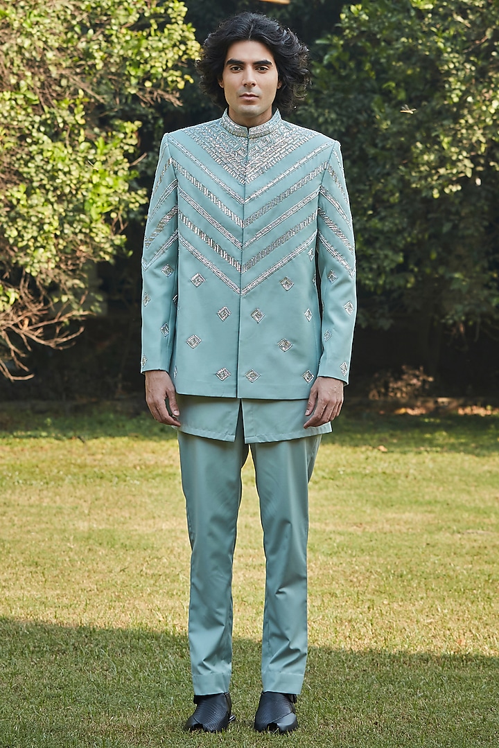 Mint Green Suiting Embroidered Bandhgala Set by Bohame Men