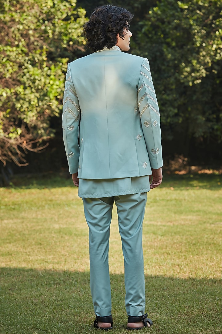 Mint Green Suiting Embroidered Wedding Bandhgala Set by Bohame Men at Pernia's Pop Up Shop