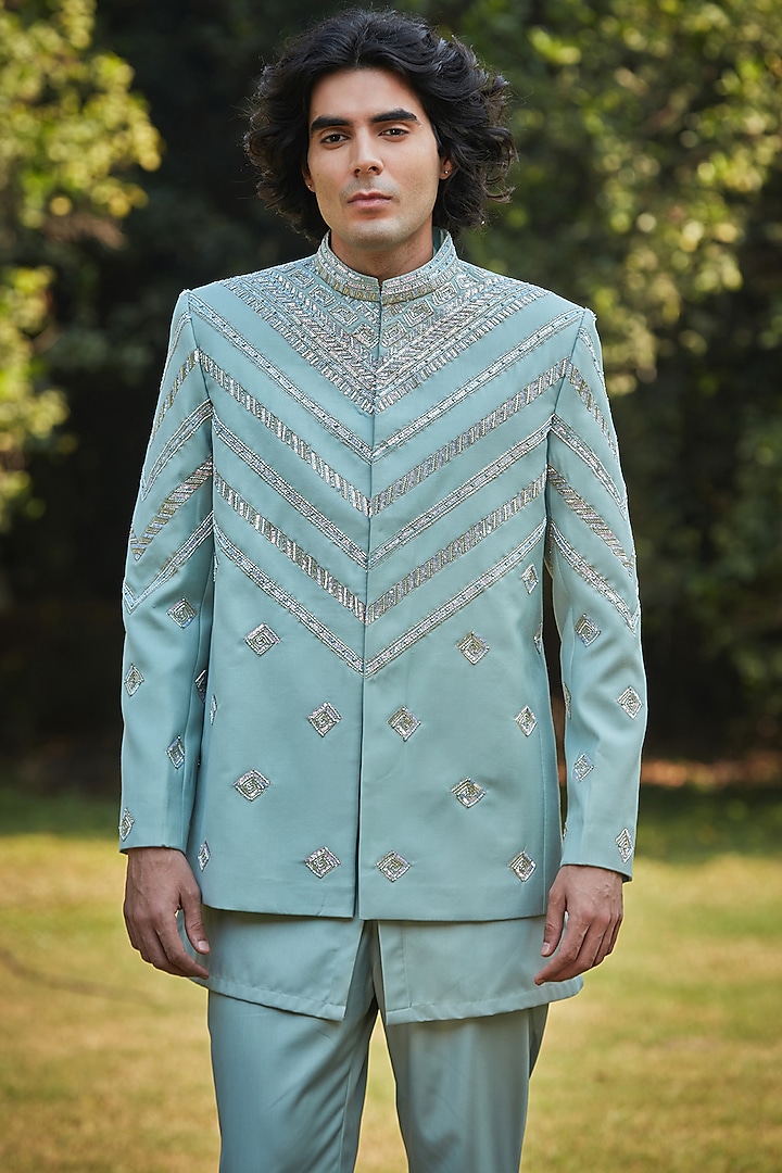 Mint Green Suiting Embroidered Wedding Bandhgala Set by Bohame Men at Pernia's Pop Up Shop