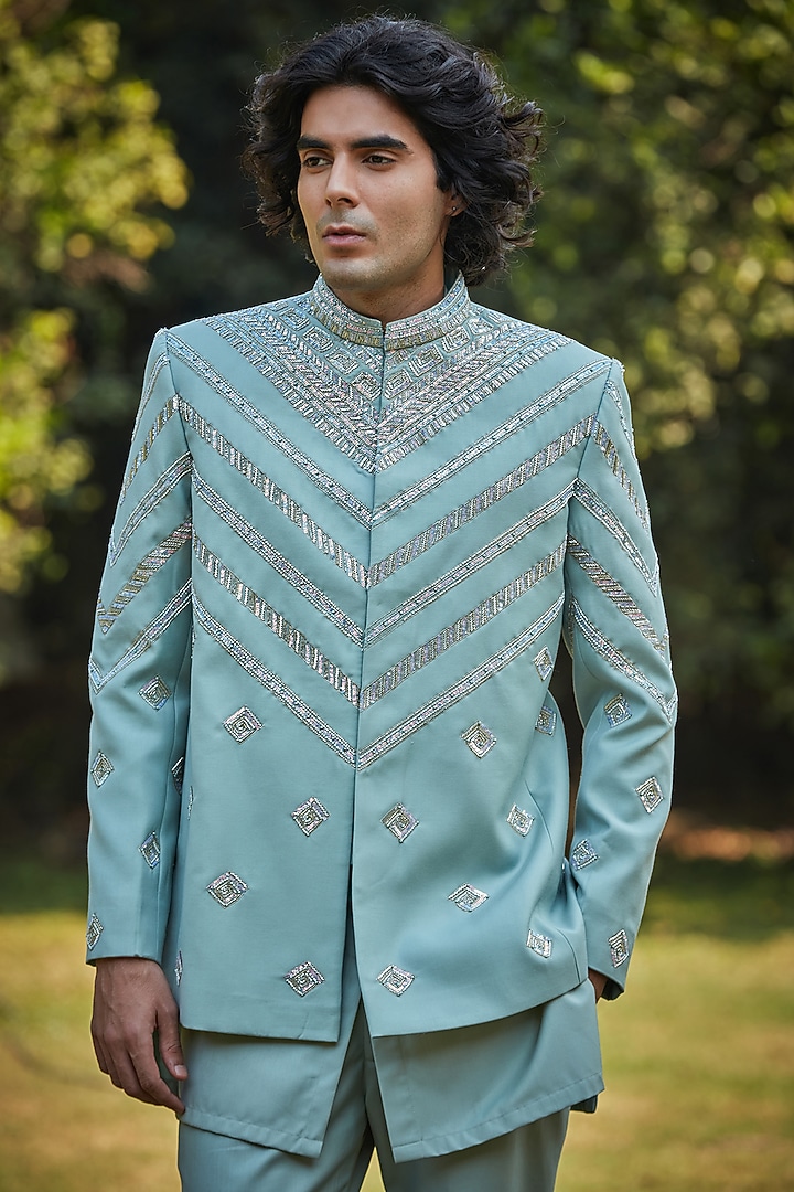 Mint Green Suiting Embroidered Wedding Bandhgala Set by Bohame Men at Pernia's Pop Up Shop