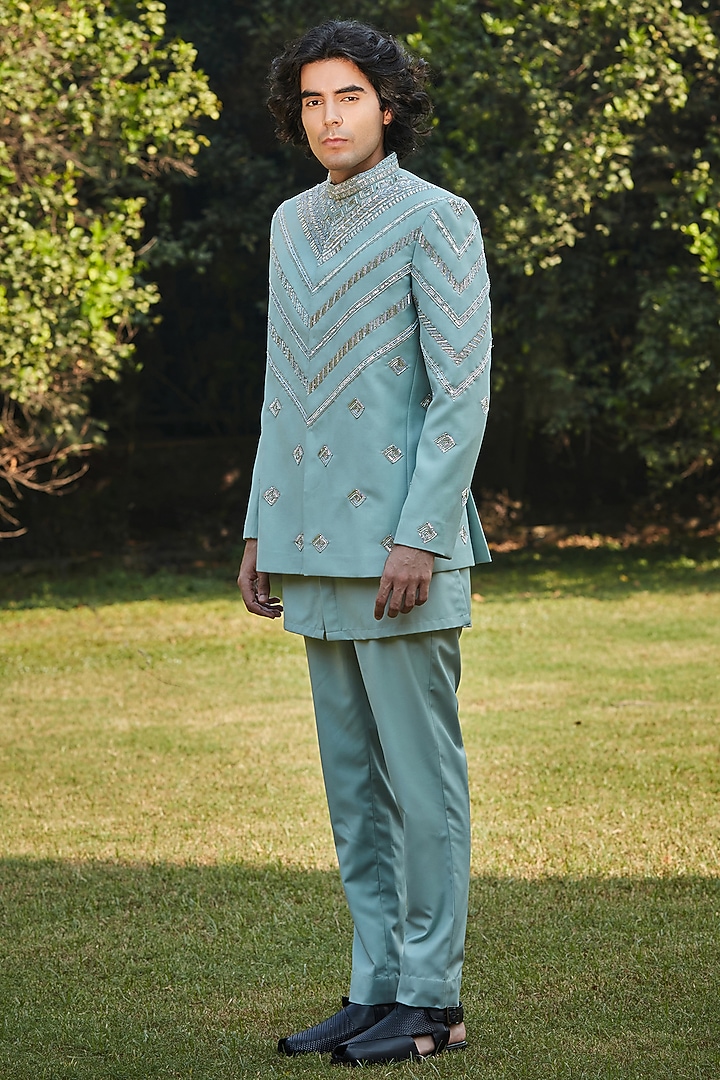 Mint Green Suiting Embroidered Wedding Bandhgala Set by Bohame Men at Pernia's Pop Up Shop