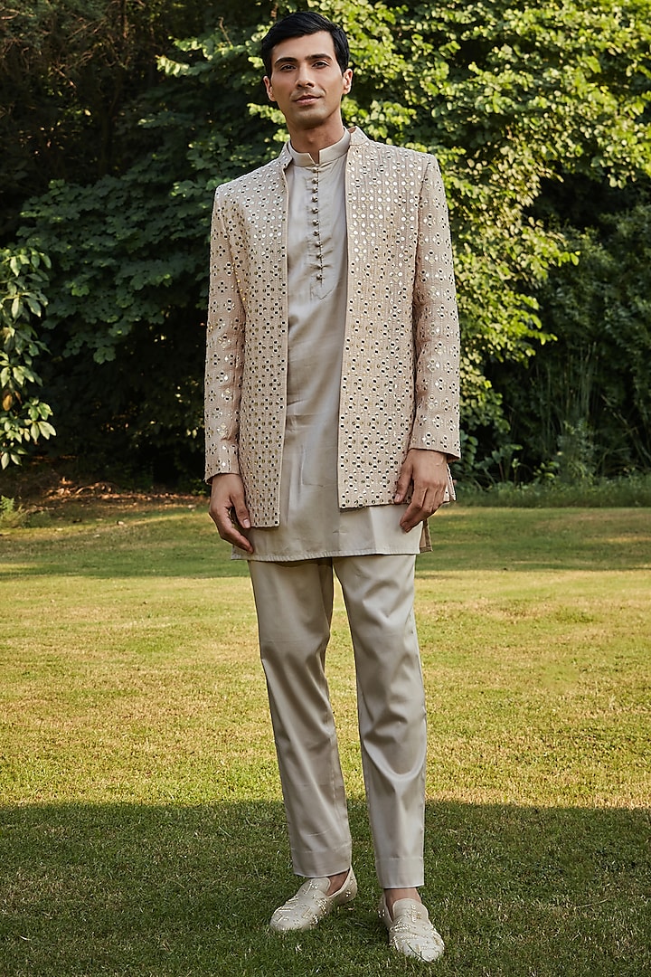 Dusty Beige Georgette Indo-Western Set by Bohame Men