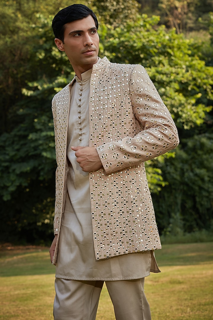 Dusty Beige Georgette Indo-Western Set by Bohame Men at Pernia's Pop Up Shop