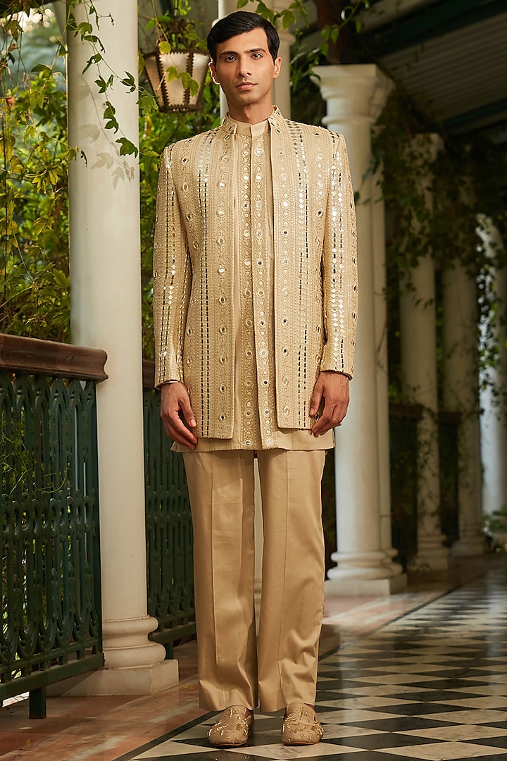 Beige Gold Georgette Embroidered Indo-Western Set by Bohame Men