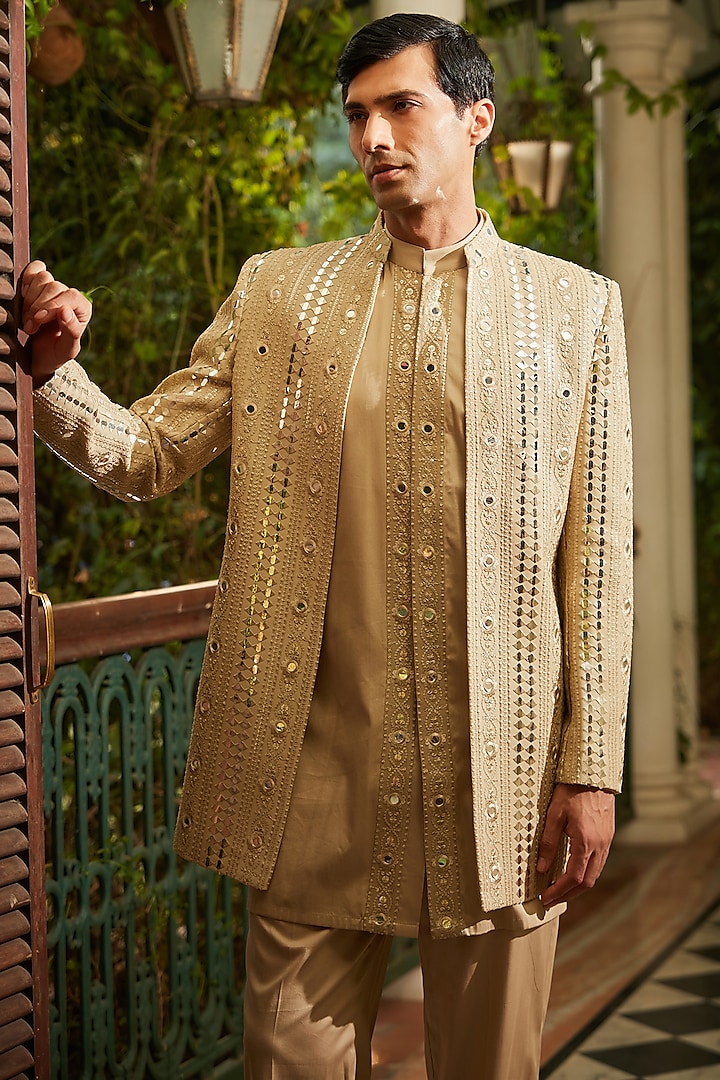 Beige Gold Georgette Embroidered Indo-Western Set by Bohame Men at Pernia's Pop Up Shop