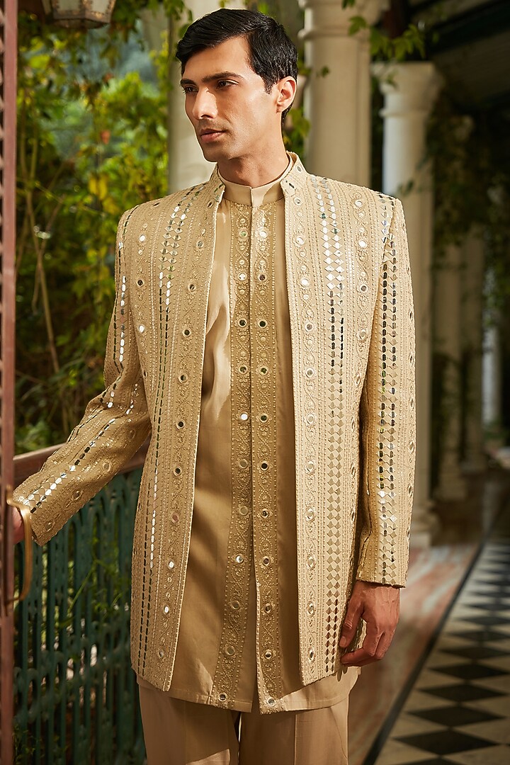 Beige Gold Georgette Embroidered Indo-Western Set by Bohame Men at Pernia's Pop Up Shop