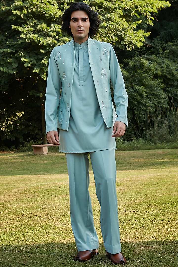 Mint Green Raw Silk Nehru Jacket Set by Bohame Men