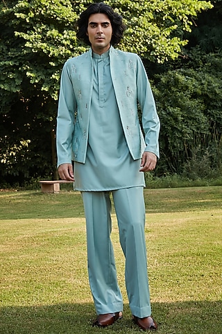 Mint Green Raw Silk Nehru Jacket Set by Bohame Men