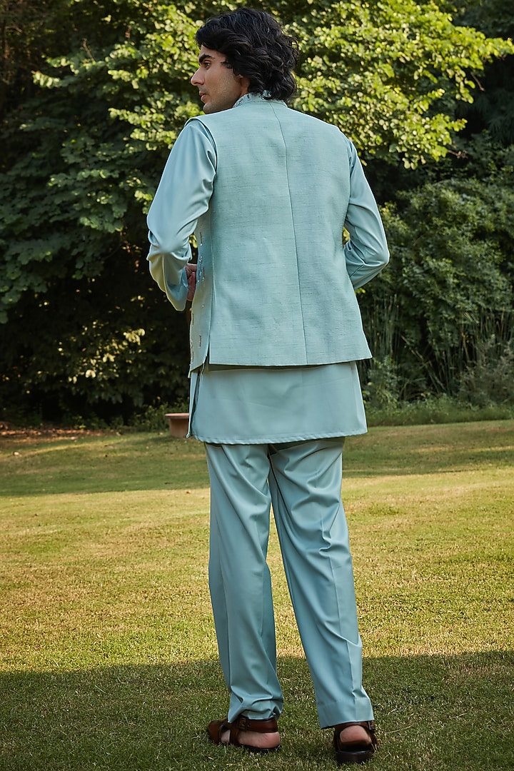 Mint Green Raw Silk Nehru Jacket Set by Bohame Men at Pernia's Pop Up Shop