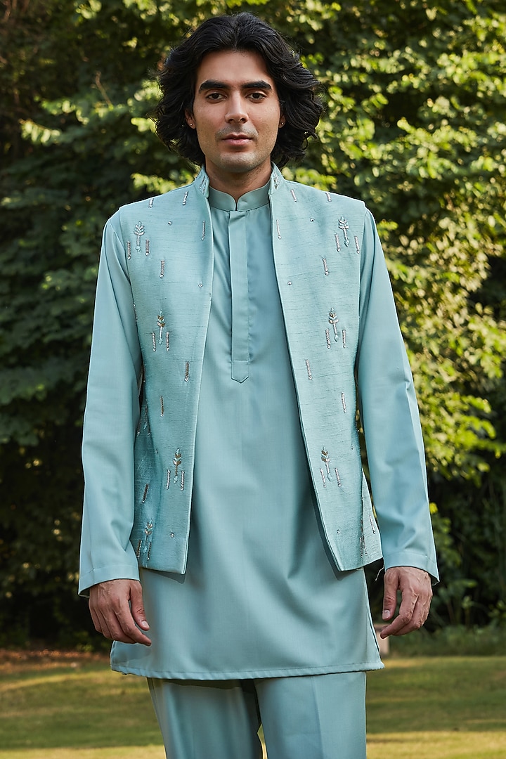 Mint Green Raw Silk Nehru Jacket Set by Bohame Men at Pernia's Pop Up Shop