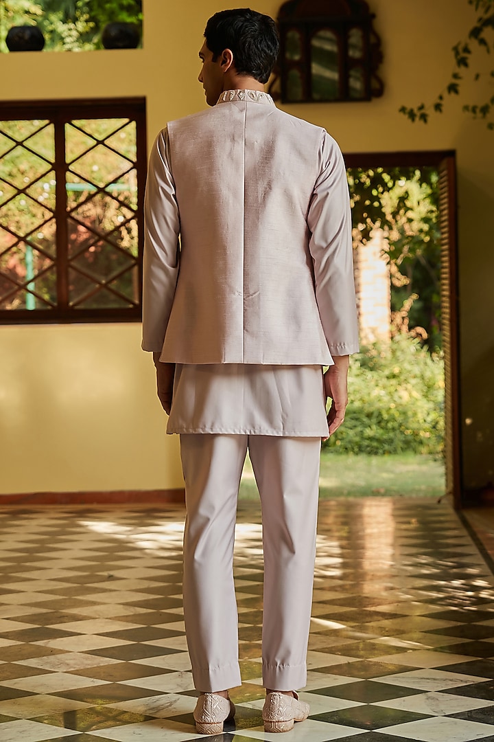 Light Pink Raw Silk Nehru Jacket Set by Bohame Men at Pernia's Pop Up Shop