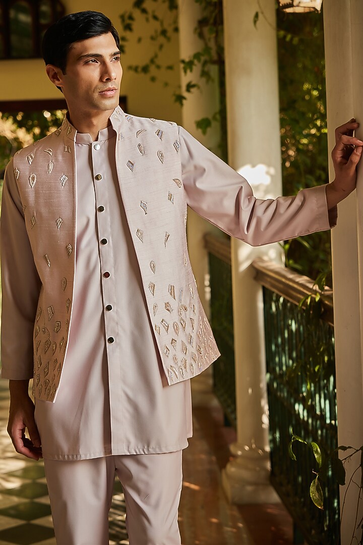 Light Pink Raw Silk Nehru Jacket Set by Bohame Men at Pernia's Pop Up Shop