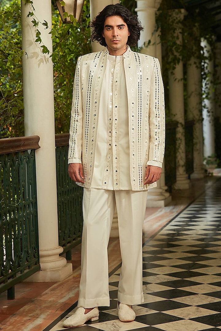 Milky White Georgette Embroidered Indowestern Set by Bohame Men