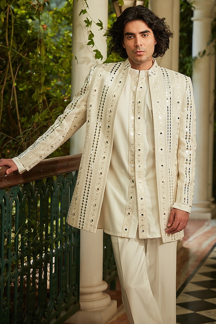Milky White Georgette Embroidered Wedding Indowestern Set by Bohame Men at Pernia's Pop Up Shop