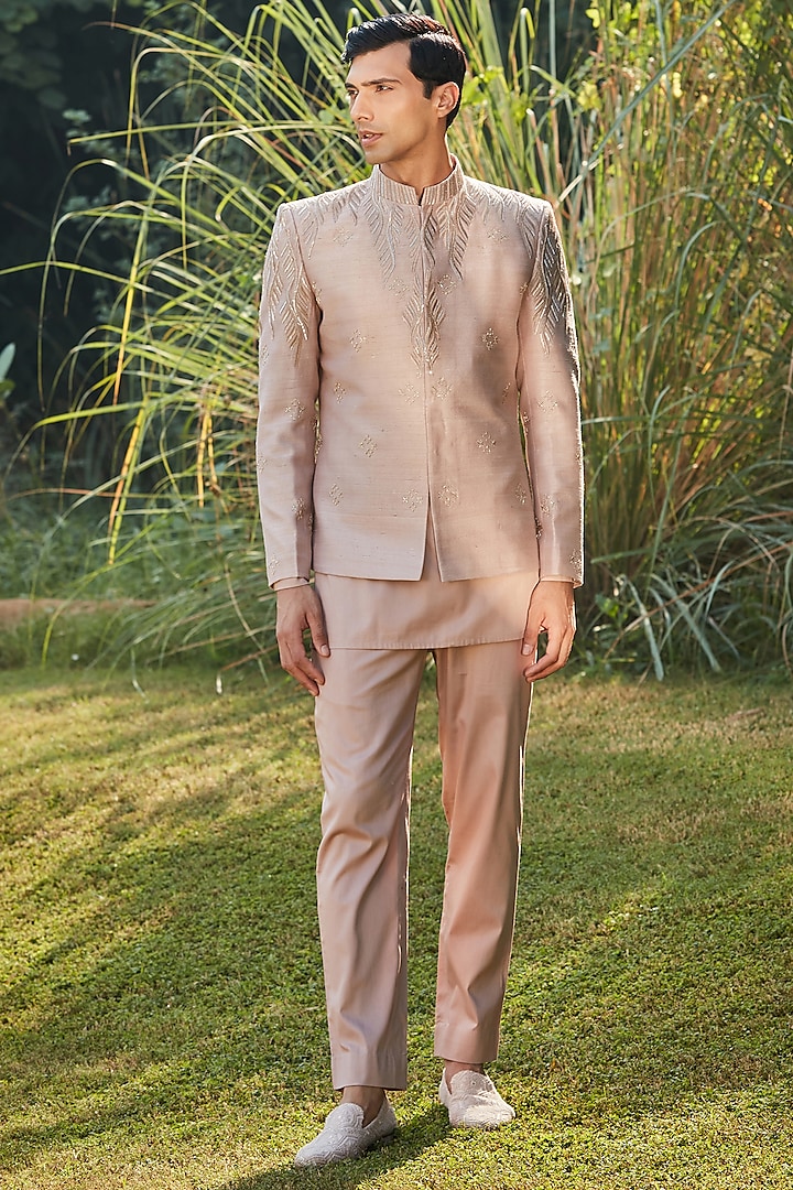 Champagne Raw Silk Embroidered Indowestern Set by Bohame Men