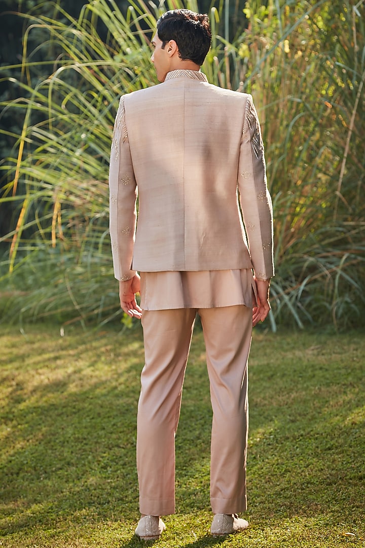 Champagne Raw Silk Embroidered Wedding Indowestern Set by Bohame Men at Pernia's Pop Up Shop