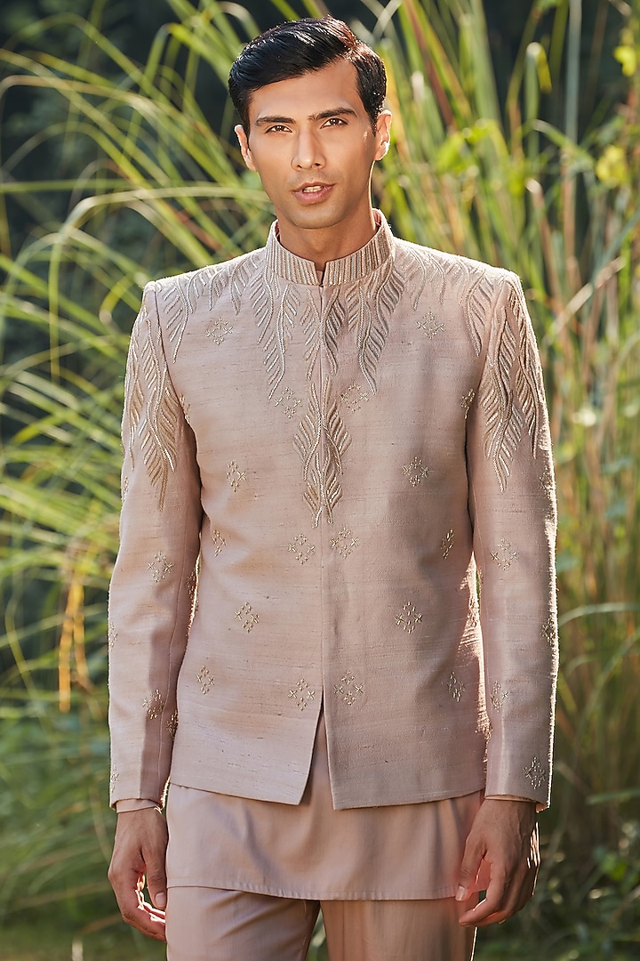 Champagne Raw Silk Embroidered Wedding Indowestern Set by Bohame Men at Pernia's Pop Up Shop