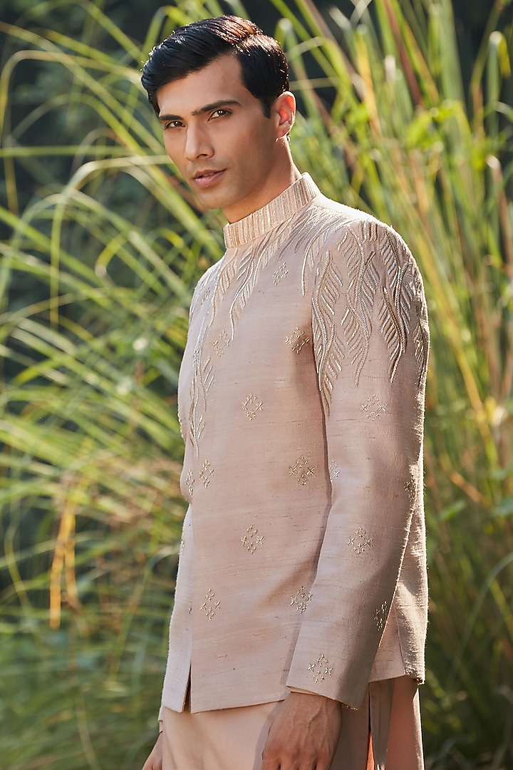 Champagne Raw Silk Embroidered Wedding Indowestern Set by Bohame Men at Pernia's Pop Up Shop