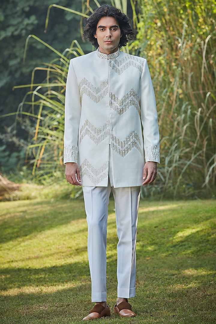 Off-White Suiting Embroidered Indowestern Set by Bohame Men