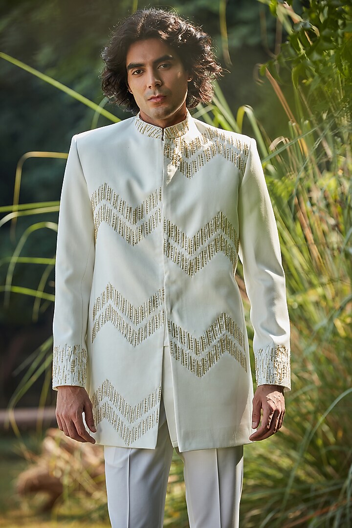 Off-White Suiting Embroidered Wedding Indowestern Set by Bohame Men at Pernia's Pop Up Shop